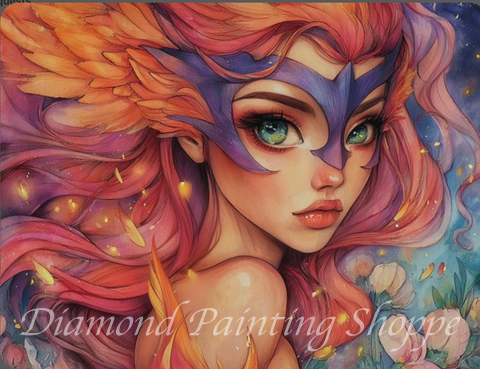 Diamond painting kit showing a fierce fantasy woman with emerald eyes, a colorful feathered mask, and flowing pink and orange hair, surrounded by petals and sky blooms.