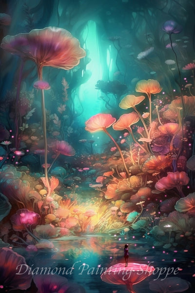 "Fantasy forest filled with glowing, oversized flowers and mushrooms, with a small girl standing on a pink petal in a magical dreamscape"