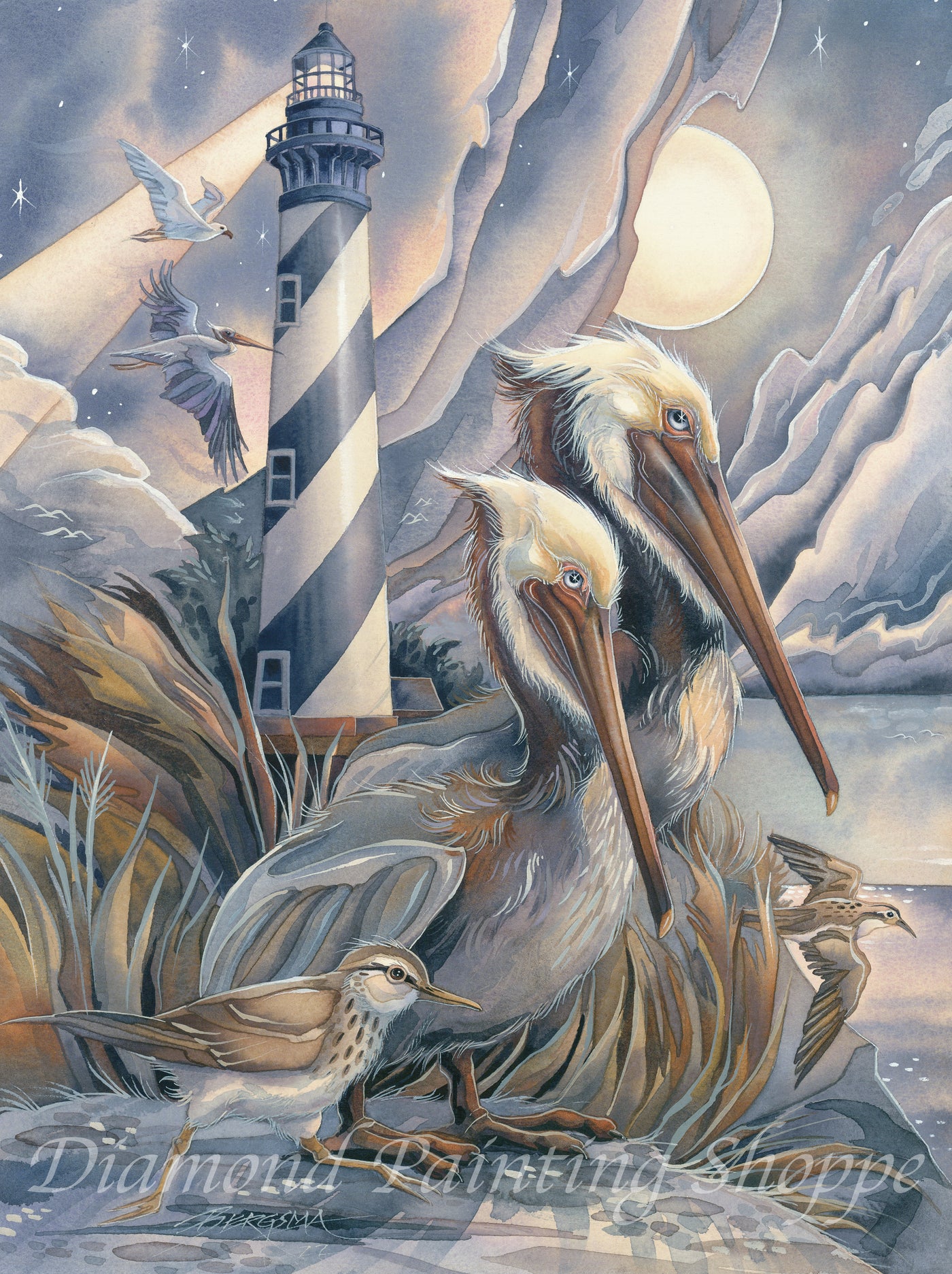 Colorful diamond painting illustration depicting two pelicans and smaller shorebirds with a striped lighthouse, soaring seabirds, moonlight, and dramatic coastal scenery in soft watercolor tones.