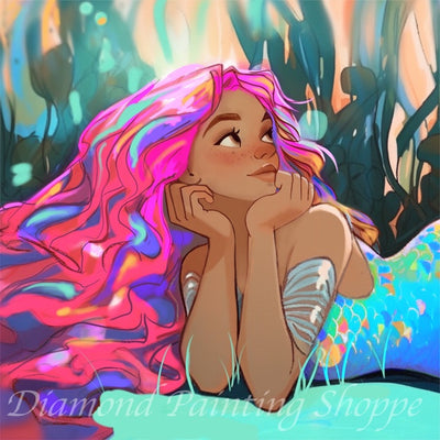 Colorful mermaid with vibrant pink and rainbow hair lounging underwater, smiling playfully in a bold, dreamy diamond painting design