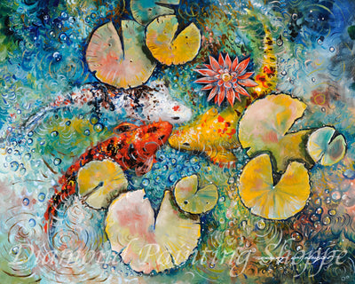 Diamond painting kit featuring a vibrant koi pond with orange and white koi fish swimming among yellow lily pads and a red lotus flower, in a colorful, swirling water design.