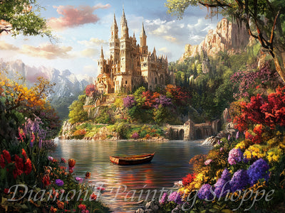A diamond painting kit featuring a grand castle atop a riverside hill, surrounded by vibrant, colorful flowers and dramatic mountains, under a bright sky.

