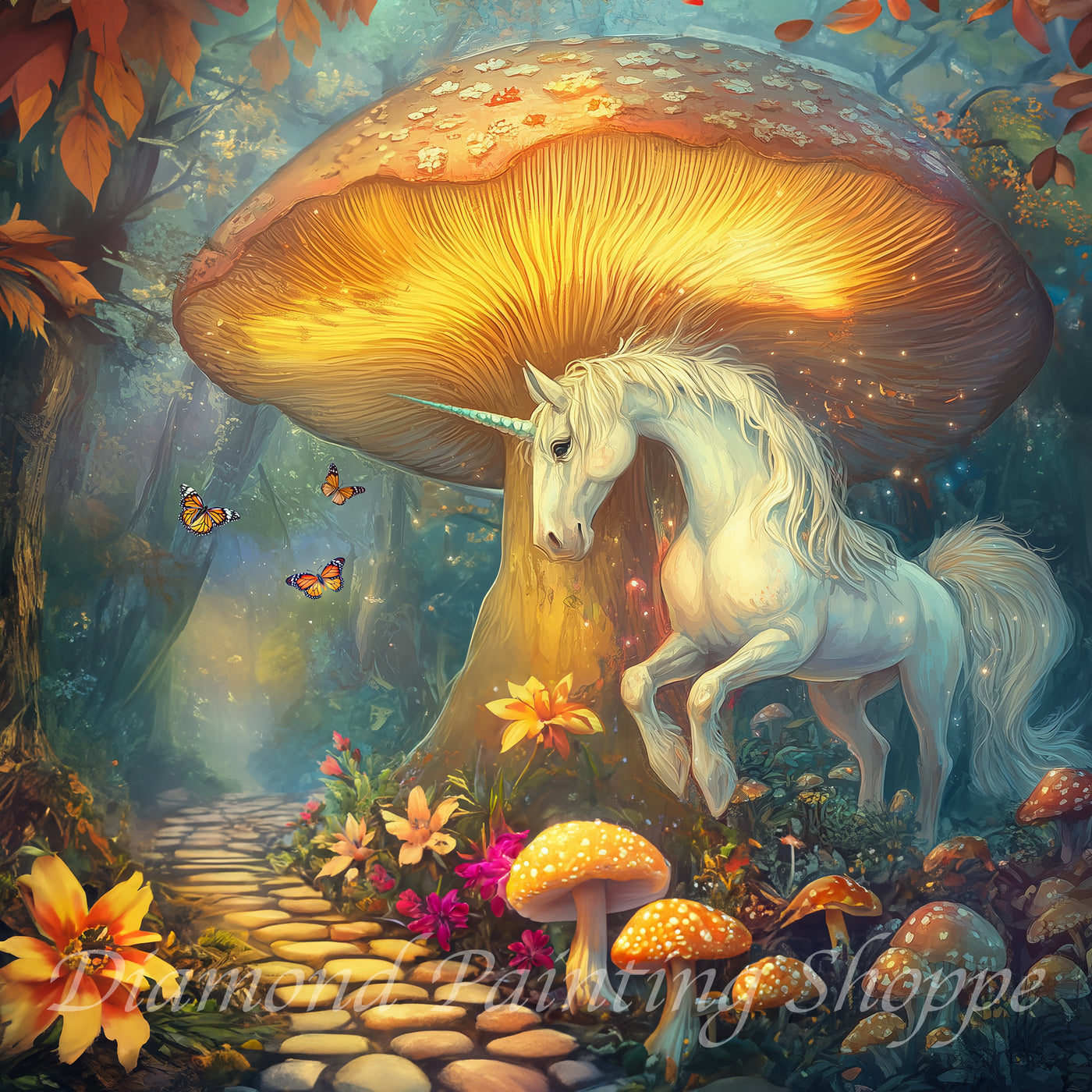 Fantasy scene of a white unicorn standing under a glowing, giant mushroom in a magical forest, surrounded by colorful flowers, mushrooms, and fluttering butterflies.

