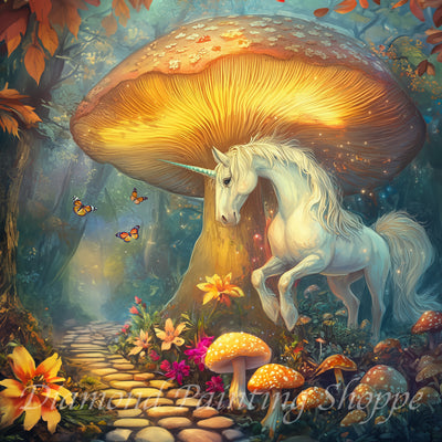 Fantasy scene of a white unicorn standing under a glowing, giant mushroom in a magical forest, surrounded by colorful flowers, mushrooms, and fluttering butterflies.

