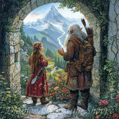 Detailed diamond painting kit image featuring two elves, an elder and a young girl, in a forest archway overlooking mountains and a scenic landscape.

