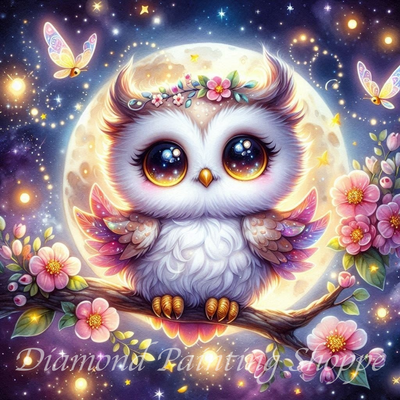 Cute baby owl with big sparkling eyes sitting on a branch under a glowing moon, surrounded by pink flowers and butterflies — diamond painting artwork titled “Magical Midnight Owl.”