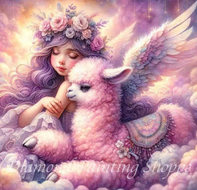 Diamond painting kit featuring a dreamy girl with floral crown and long lavender hair, embracing a pink, fluffy, winged alpaca amidst soft pastel clouds.