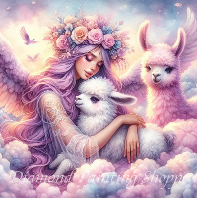 Diamond painting kit depicting an angel with lavender hair and floral crown embracing two fluffy, winged alpacas on pastel clouds under a dreamy sky.

