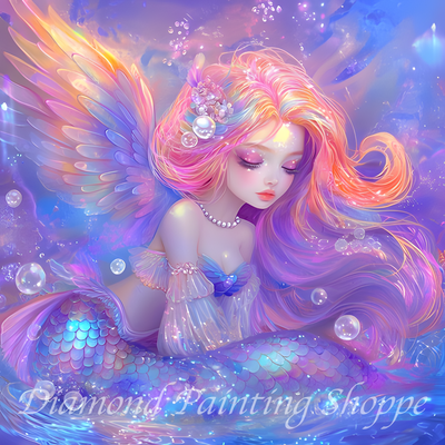 Diamond painting kit depicting a magical mermaid with iridescent wings, pastel rainbow hair, pearl necklace, and a shimmery tail in a whimsical underwater scene.

