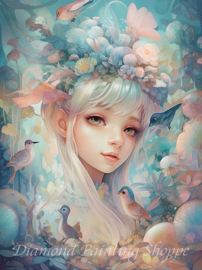 Ethereal girl with white hair and floral crown surrounded by soft pastel birds and flowers in a fantasy diamond painting.