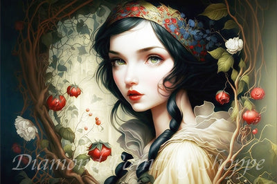 "Fairytale-inspired girl with dark braided hair and red lips amid red roses and vines in a gothic fantasy diamond painting design"