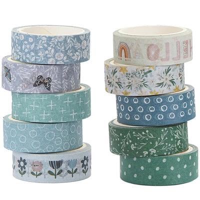 Set of decorative tape rolls with various patterns on a white background