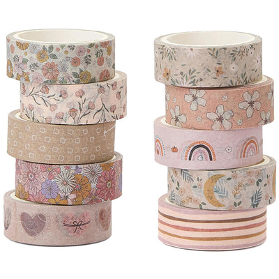 Set of decorative tape rolls with floral and nature-themed designs on a white background