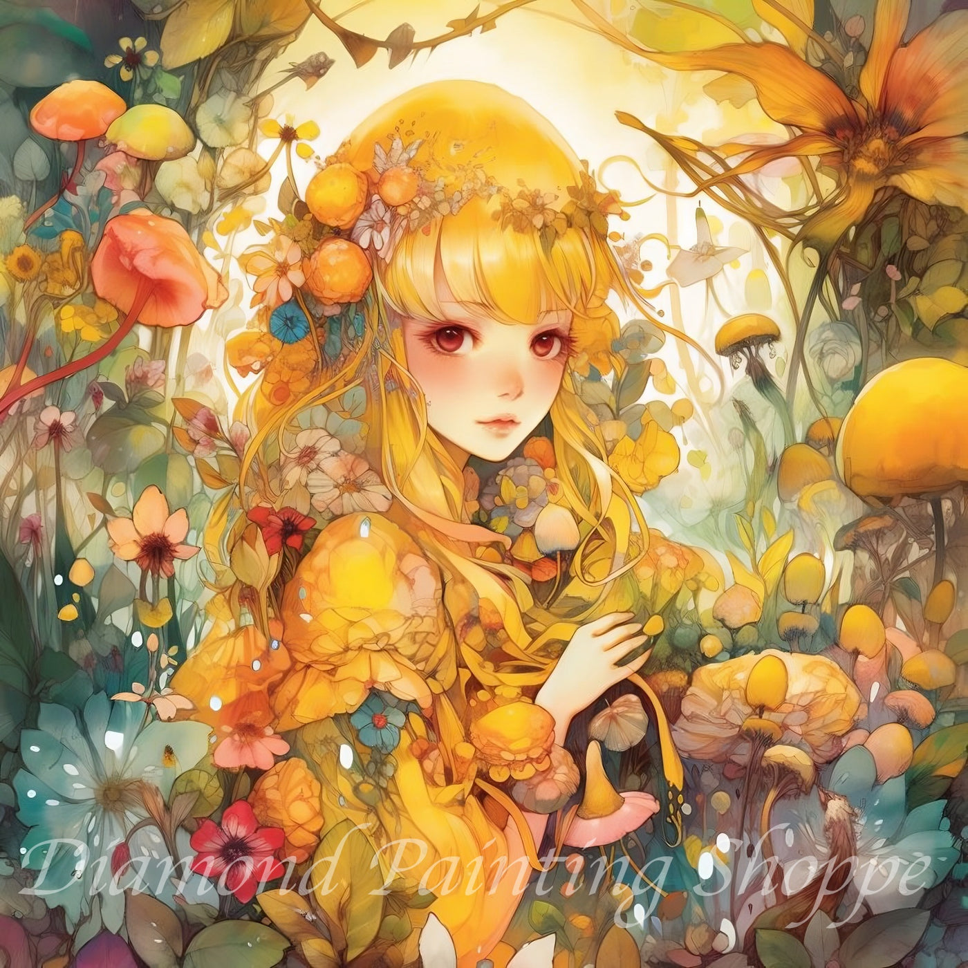 Dreamy anime-style girl surrounded by vibrant meadow flowers in an ethereal diamond painting design.