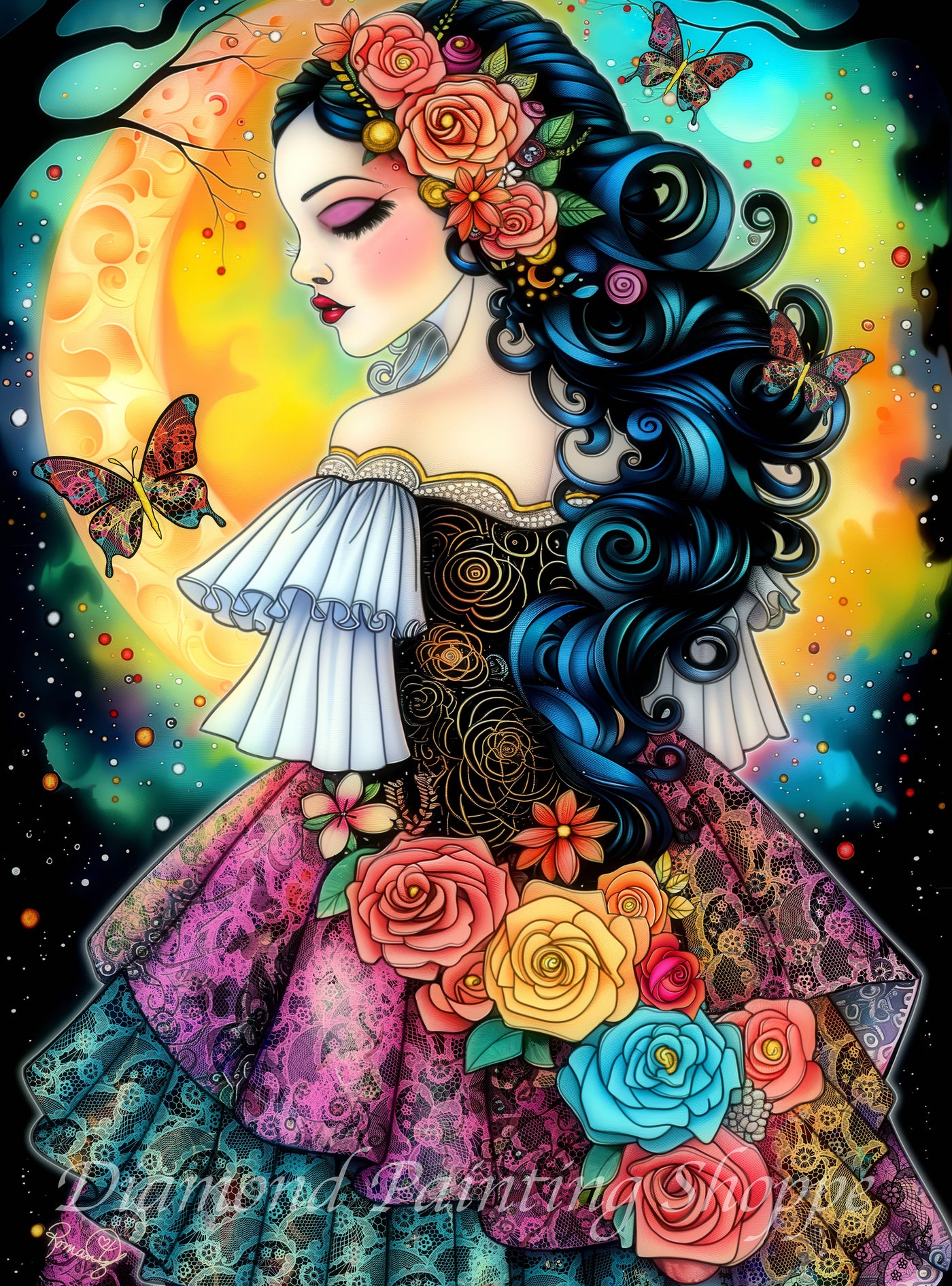 Diamond painting kit titled “Brides of the Moon - Mari” featuring a romantic, fantasy-style woman with flowing blue hair adorned with roses, standing against a glowing moonlit sky with butterflies and cosmic colors.
