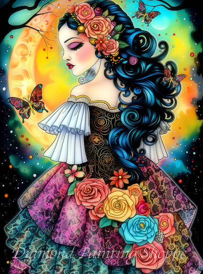 Diamond painting kit titled “Brides of the Moon - Mari” featuring a romantic, fantasy-style woman with flowing blue hair adorned with roses, standing against a glowing moonlit sky with butterflies and cosmic colors.