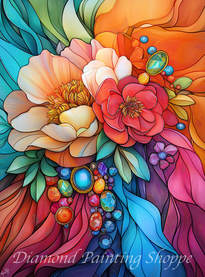 Vibrant diamond art of large blooming peonies and layered petals in shades of coral, peach, crimson, and teal, adorned with clusters of radiant, multi-colored gemstone shapes embedded among the flowers.