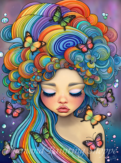 Whimsical diamond painting of a dreamy girl with rainbow spiral hair and delicate butterflies, surrounded by floating bubbles on a soft purple backdrop.

