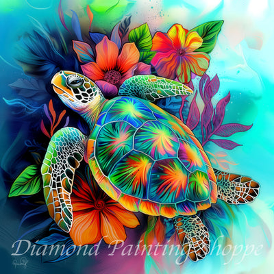 Colorful sea turtle surrounded by vivid tropical flowers in a vibrant ocean-themed diamond painting design.