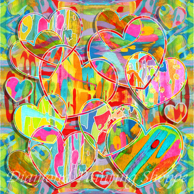 Bright and colorful diamond painting kit design featuring overlapping multicolored hand-drawn hearts against an abstract, rainbow-toned background.