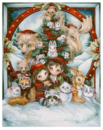 Whimsical Christmas diamond painting kit featuring forest animals, two children in festive clothing, and a decorated Christmas tree surrounded by snow.

