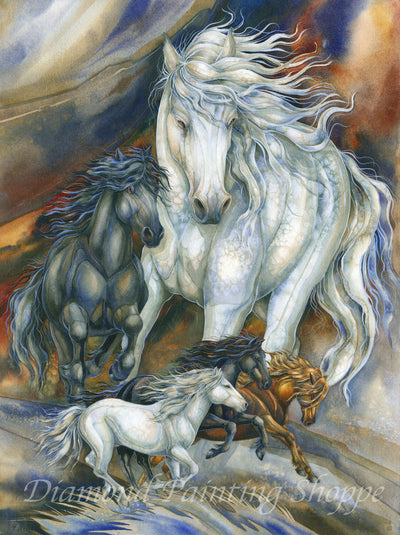 Painting of four majestic horses, two white, one black, and one chestnut, running together with flowing manes, set against a dreamy, colorful landscape background.

