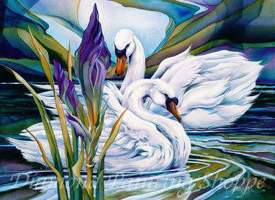 Two elegant swans gracefully embrace on a tranquil lake, surrounded by vibrant reeds and water lilies, depicted in a brilliant watercolor style—diamond painting kit.

