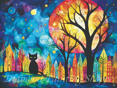 Diamond painting kit featuring a dreamy midnight scene in Provence, with a black cat, glowing full moon, whimsical colorful houses, leaf-like trees, and a vibrant starry night sky.