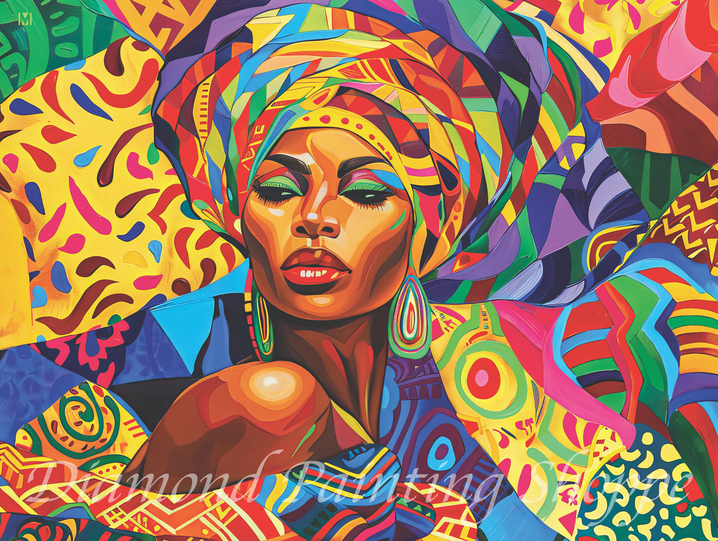 Diamond painting kit featuring a vibrant, stylized portrait of a woman in a colorful headwrap and patterned earrings, surrounded by abstract geometric designs and bold, energetic colors.
