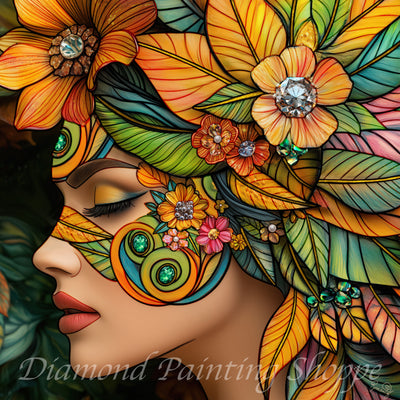 Close-up of a vibrant woman's face in a floral and jeweled fantasy design, created as a diamond painting artwork featuring colorful leaves, flowers, and gemstone-like details.

