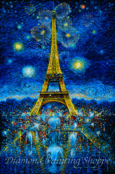 Diamond painting kit featuring the Eiffel Tower under a starry night sky in the style of Van Gogh, with colorful fireworks and reflections on a shimmering Parisian fountain.

