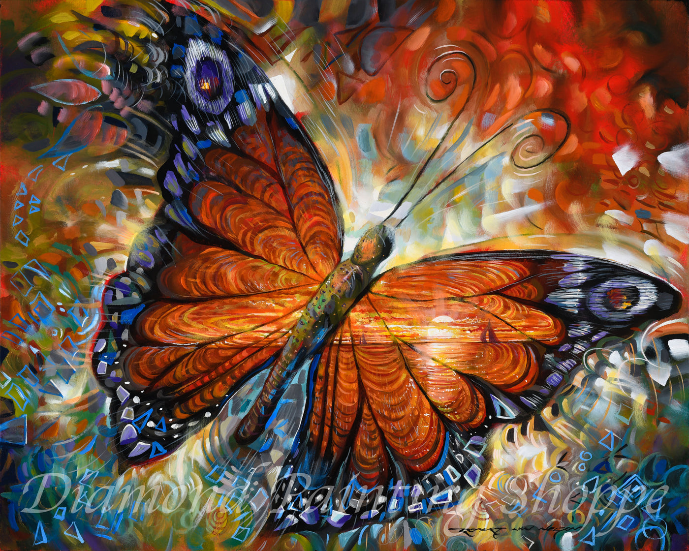 Colorful abstract diamond painting of a vibrant butterfly with orange and blue wings, glowing in swirling, luminous light against a dynamic, multicolored background.
