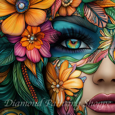 Close-up view of an artistic female face surrounded by vibrant orange, yellow, and purple flowers, with bright gemstones and lush green leaves, as part of a colorful diamond painting design titled "Seasons of Drama - Mis Mai".
