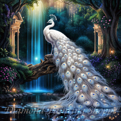 Diamond painting kit depicting a majestic white peacock with luminous feathers, perched on a twisted branch above a sparkling pool, framed by magical woodland scenery, cascading waterfall, and ancient stone arches.
