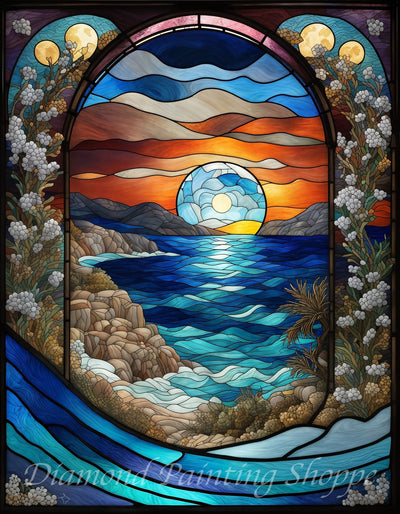Stained glass-inspired diamond painting of a sunset over a coastal landscape, with blue and orange hues reflecting on the water, framed by flowering branches and intricate stained glass details.