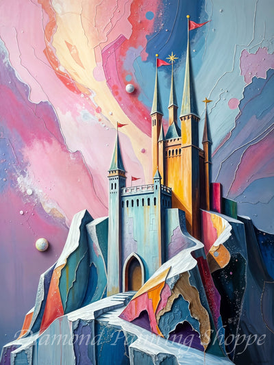 Diamond painting kit featuring a vibrant fantasy castle atop a rocky hill, set against a dreamy pastel sky with swirling colors.