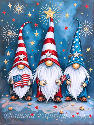 Three whimsical gnomes in red, white, and blue American flag hats holding US flags, with fireworks and stars in the background—diamond painting kit.

