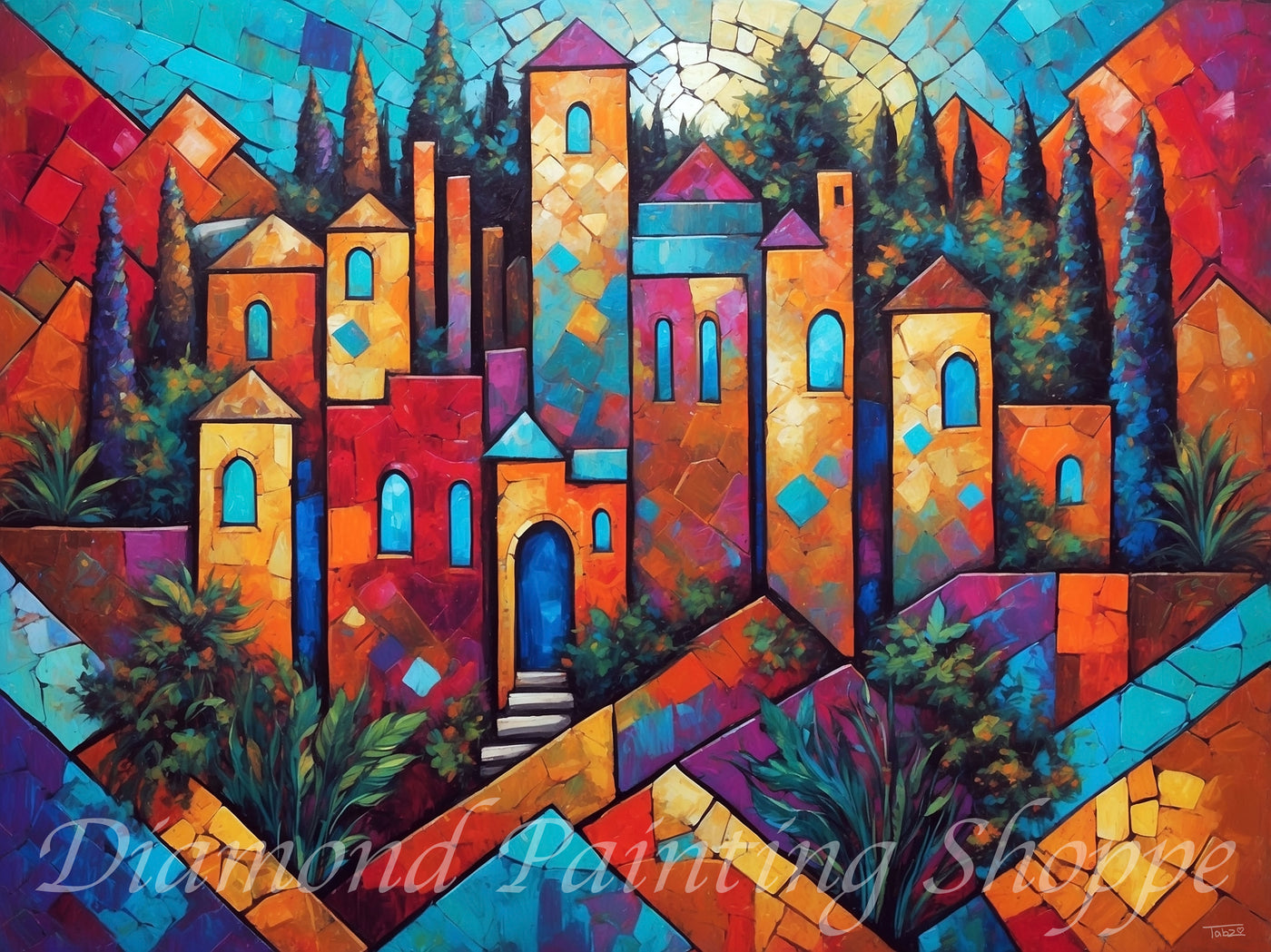 Abstract diamond painting kit of a colorful Tuscan villa scene with mosaic-style buildings, cypress trees, and vivid, rich colors.

