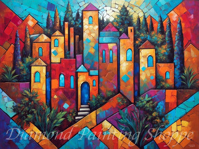 Abstract diamond painting kit of a colorful Tuscan villa scene with mosaic-style buildings, cypress trees, and vivid, rich colors.

