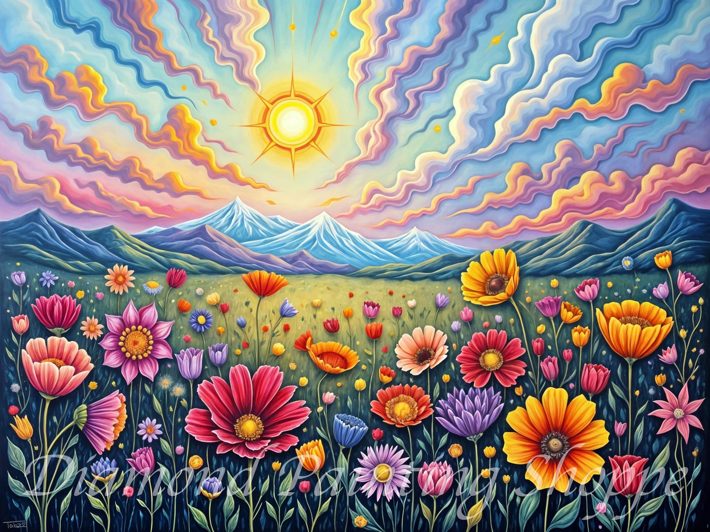 A colorful diamond painting kit design featuring vibrant yellow daffodils, pink and white flowers, lush green foliage, and a striking orange butterfly in a lively garden scene.


