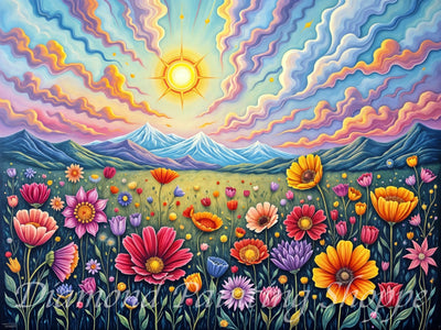 A colorful diamond painting kit design featuring vibrant yellow daffodils, pink and white flowers, lush green foliage, and a striking orange butterfly in a lively garden scene.

