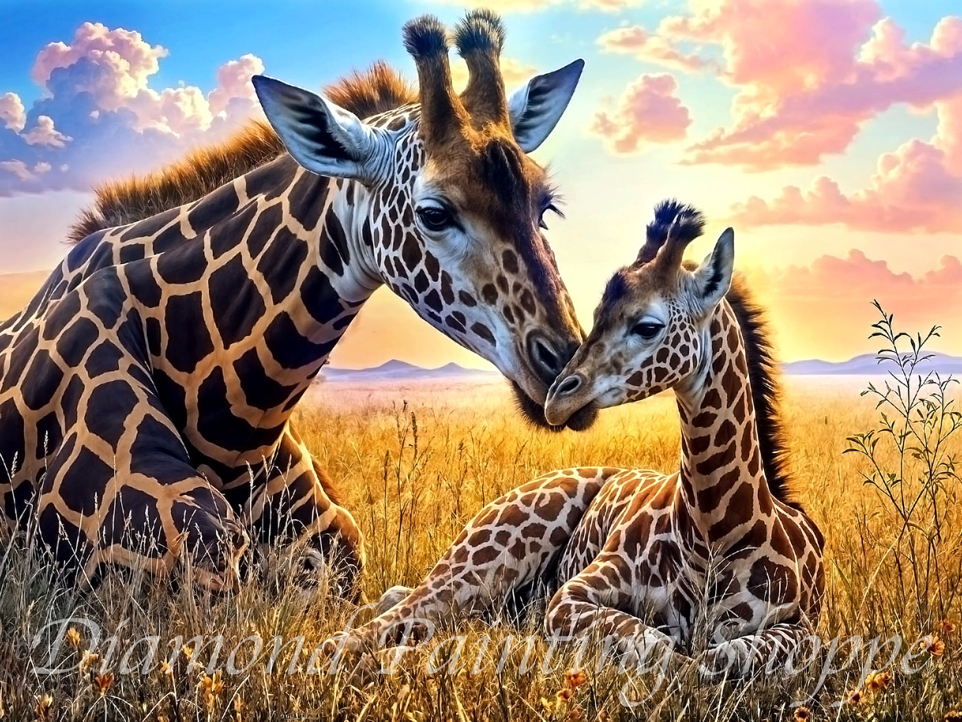 A diamond painting kit depicting a loving mother giraffe nuzzling her baby calf while resting in a golden savanna at sunset, surrounded by soft clouds and tall grass.

