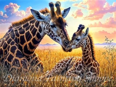 A diamond painting kit depicting a loving mother giraffe nuzzling her baby calf while resting in a golden savanna at sunset, surrounded by soft clouds and tall grass.

