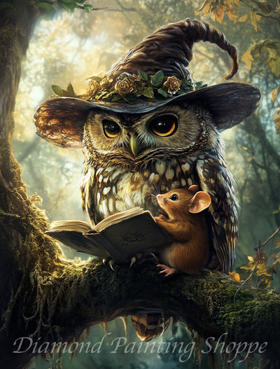 Diamond painting kit titled "The Storyteller" featuring a wise owl wearing a floral witch hat, reading a book beside a curious mouse on a mossy tree branch in a magical forest.
