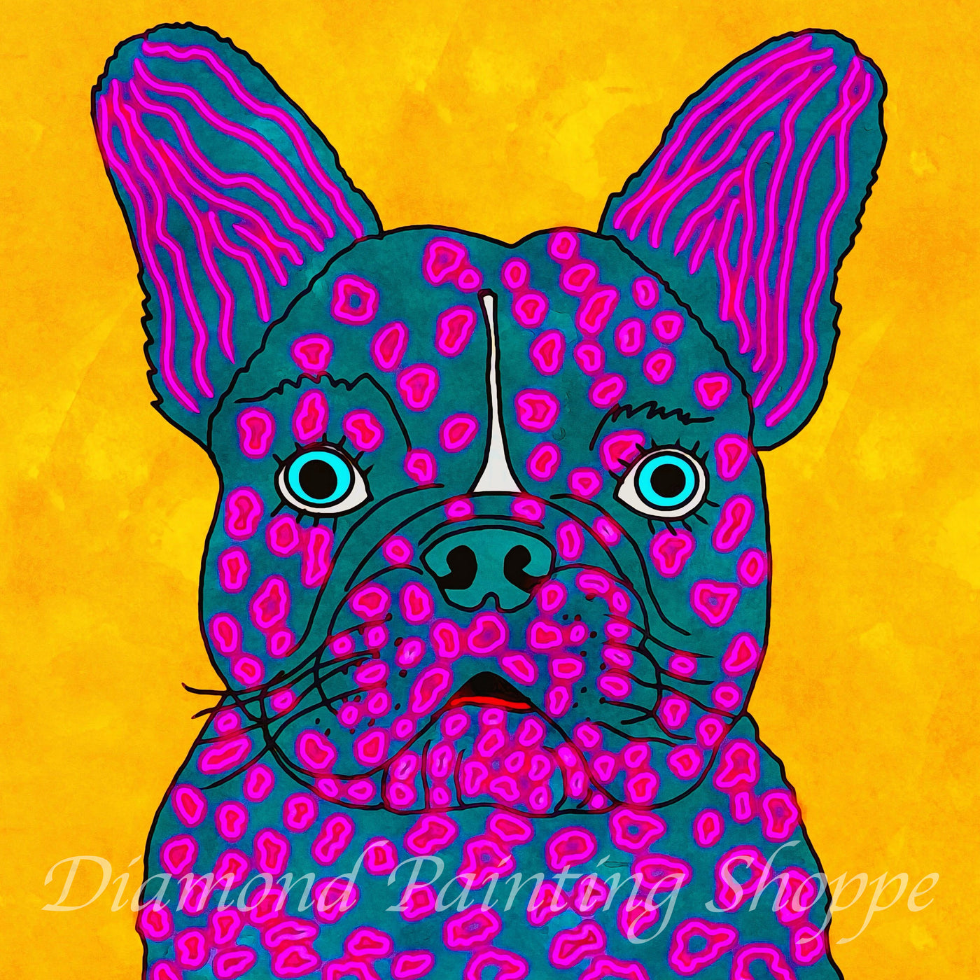 Pop art-style diamond painting kit featuring a colorful French bulldog with turquoise fur and neon pink spots, set against a bold yellow background.

