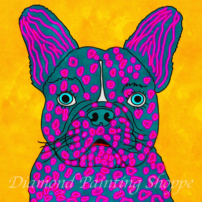 Pop art-style diamond painting kit featuring a colorful French bulldog with turquoise fur and neon pink spots, set against a bold yellow background.

