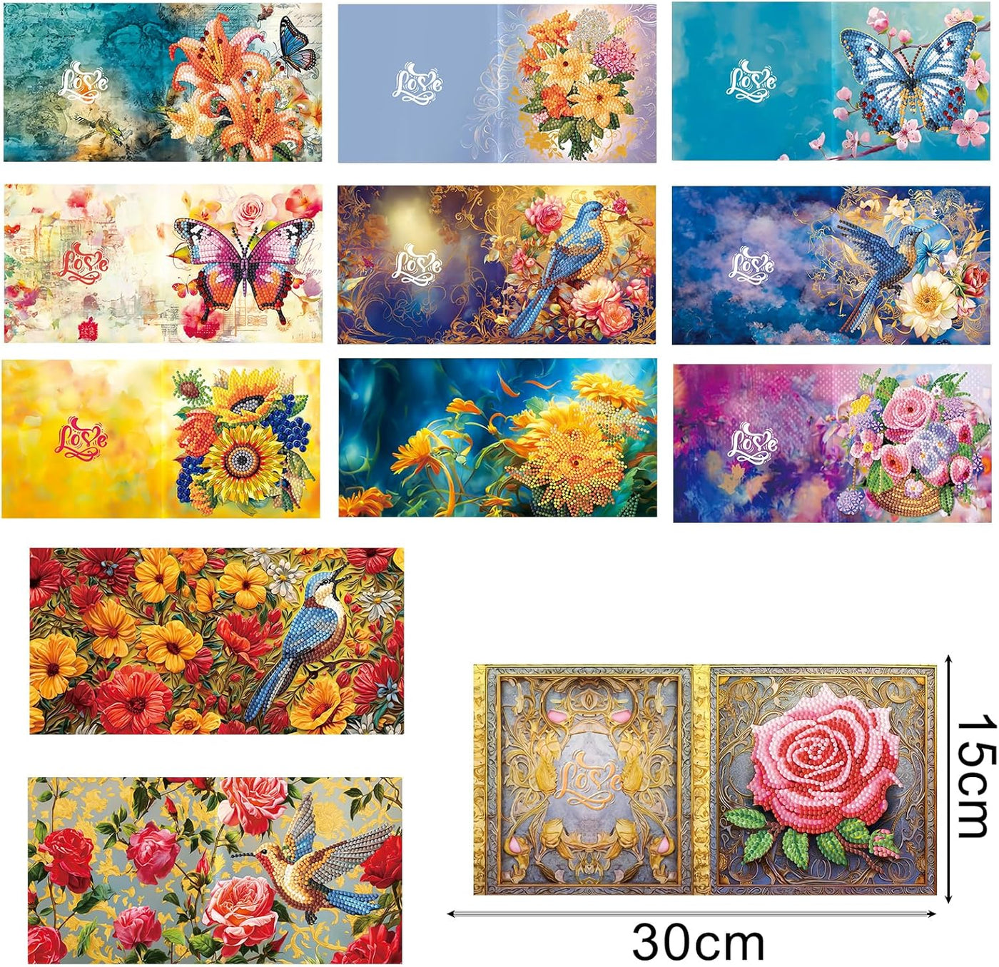 Diamond Painting Greeting Card Kit – Flowers, Birds, & Butterfly with Envelope -12 Packs