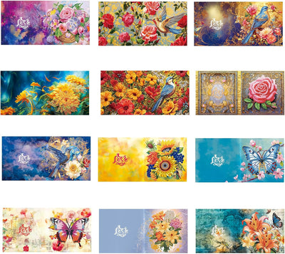 Diamond Painting Greeting Card Kit – Flowers, Birds, & Butterfly with Envelope -12 Packs