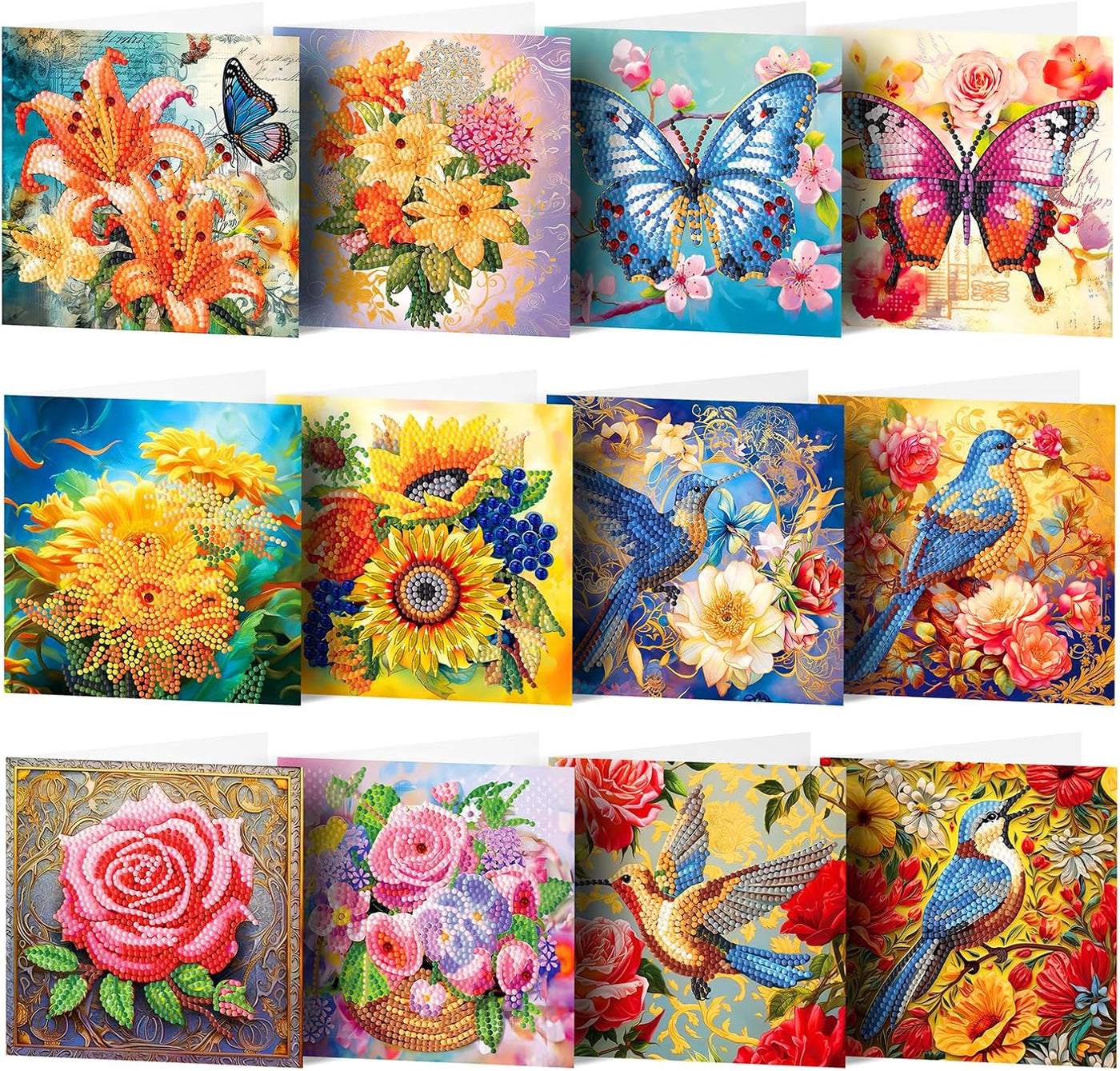 Diamond Painting Greeting Card Kit – Flowers, Birds, & Butterfly with Envelope -12 Packs
